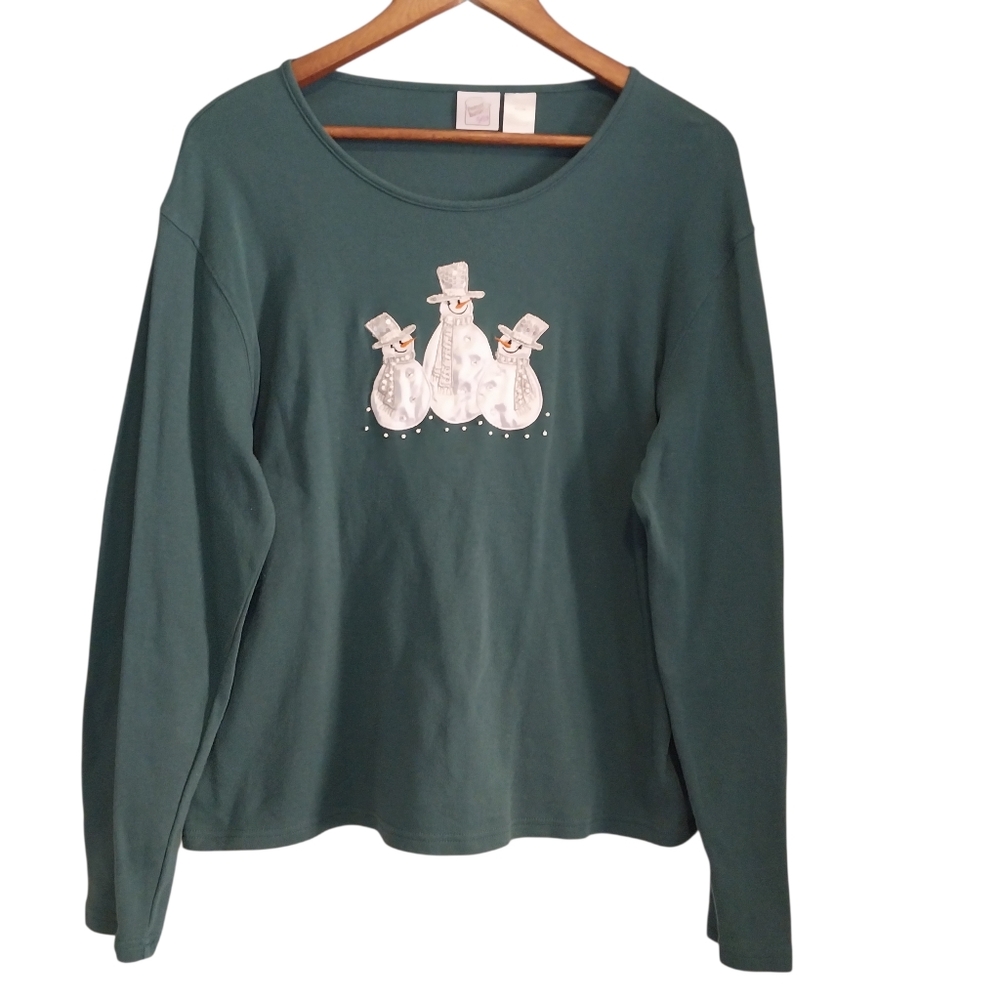 Peanut Butter & Jelly Size XL Green Embellished Sparkly Snowman Long Sleeve Top